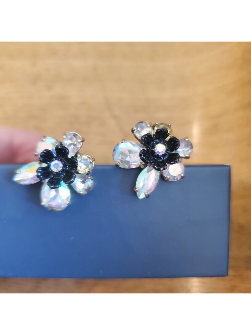 J.Crew Vintage Black Enamel & Aurora Borealis Crystal Flower Stud Earrings